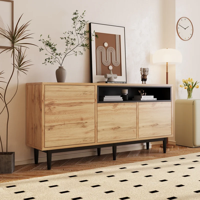 Buffet moderne en bois avec 3 portes 1 niche et étagères 160x35x76 cm OMHAT