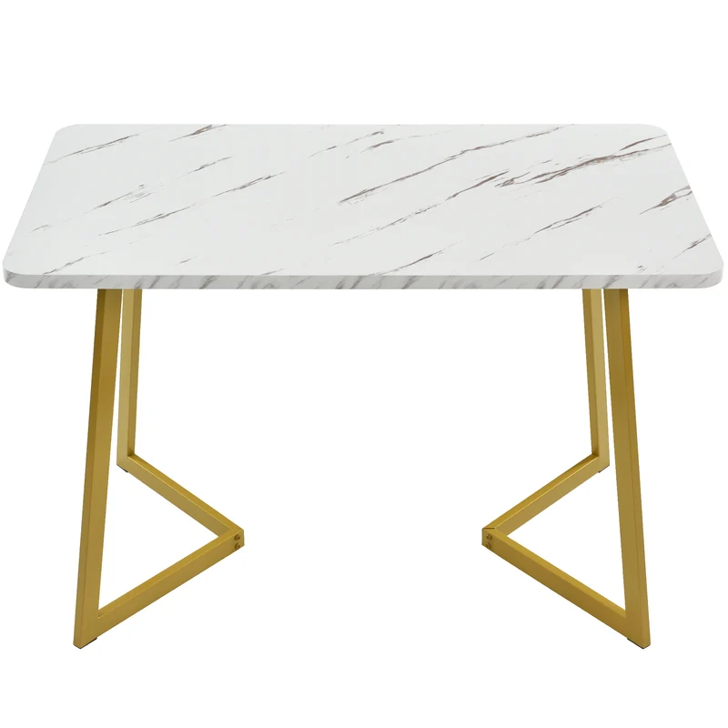 Table de salle à manger rectangulaire en motif marbre moderne avec pieds en métal doré/blanc GILQELS GOLD LEG