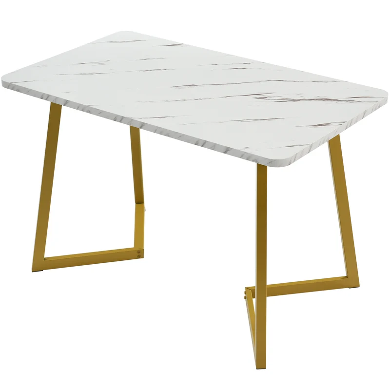 Table de salle à manger rectangulaire en motif marbre moderne avec pieds en métal doré/blanc GILQELS GOLD LEG