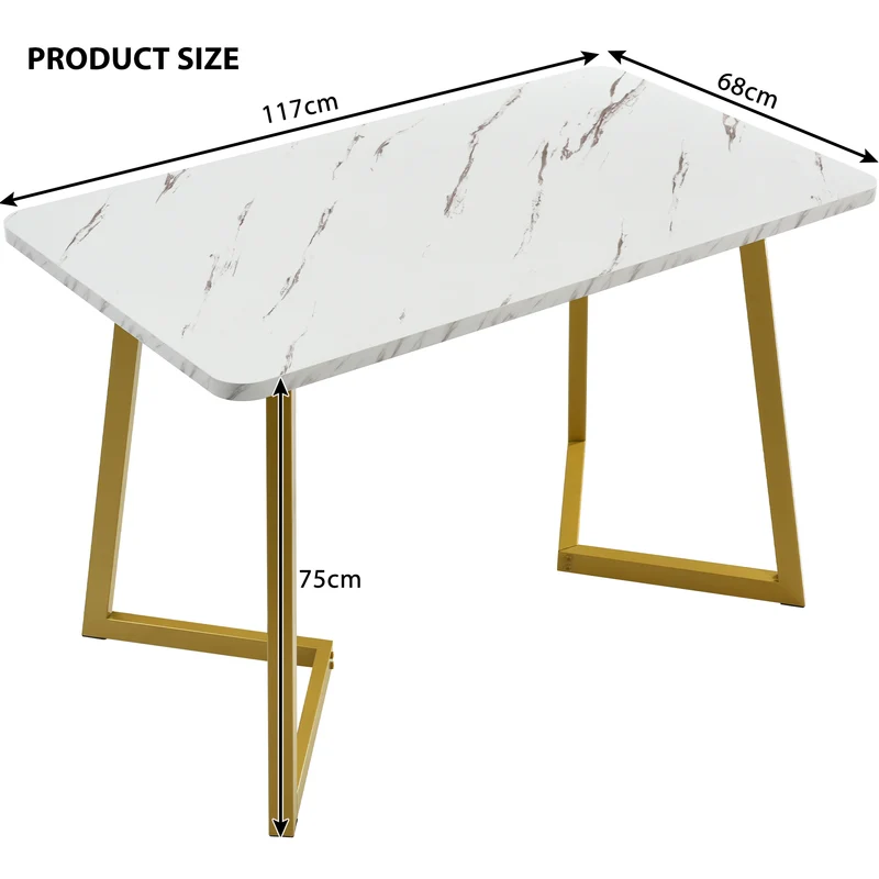 Table de salle à manger rectangulaire en motif marbre moderne avec pieds en métal doré/blanc GILQELS GOLD LEG