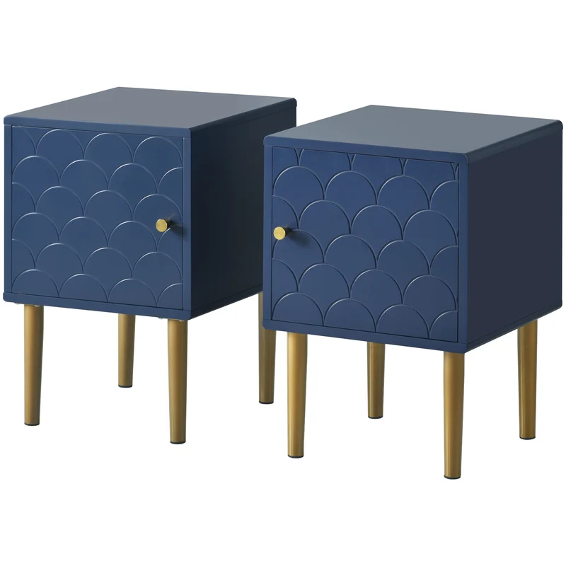 Lot de 2 tables de chevet bleu marine motif d'écailles pieds dorés H50/L35/P35 DRIRQEOX