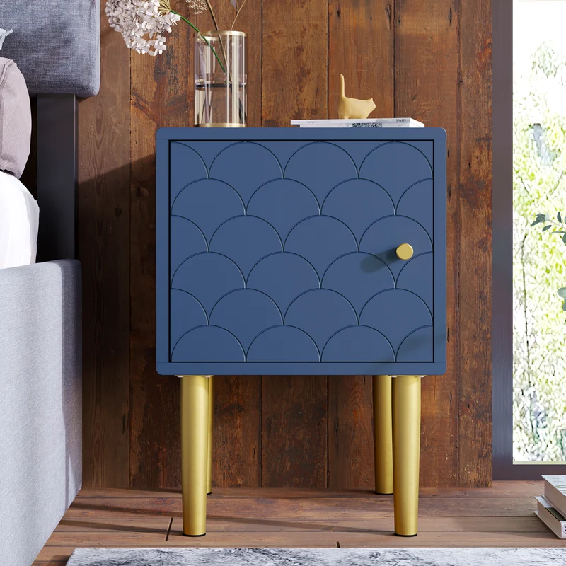 Lot de 2 tables de chevet bleu marine motif d'écailles pieds dorés H50/L35/P35 DRIRQEOX