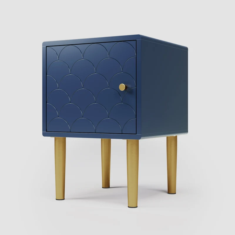 Lot de 2 tables de chevet bleu marine motif d'écailles pieds dorés H50/L35/P35 DRIRQEOX