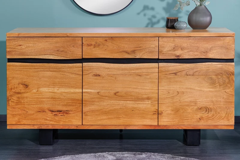 Buffet en bois massif MAMMUT 160cm acacia finition miel bord d’arbre en métal avec tiroirs