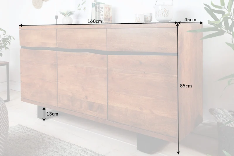 Buffet en bois massif MAMMUT 160cm acacia finition miel bord d’arbre en métal avec tiroirs