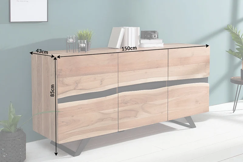 Buffet en bois massif AMAZONAS 150cm acacia naturel métal noir bord d’arbre