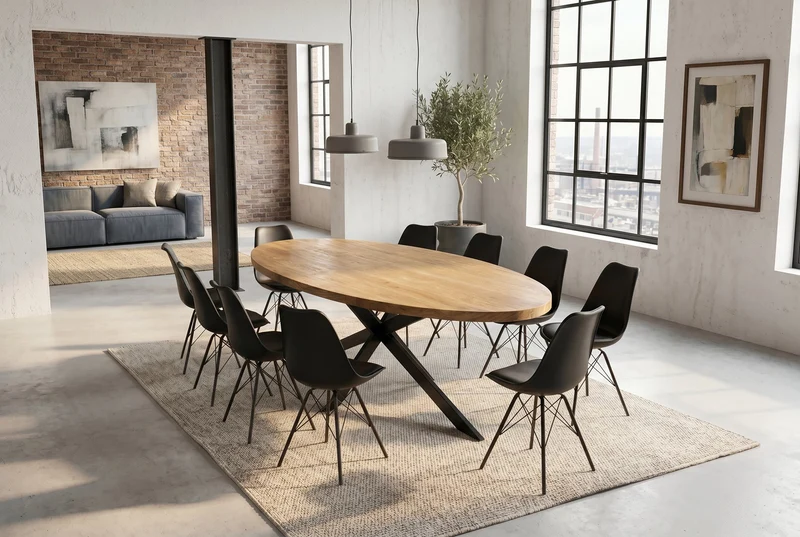 Table à manger massive GALAXIE 240cm bois de manguier marron ovale structure étoile en fer noir
