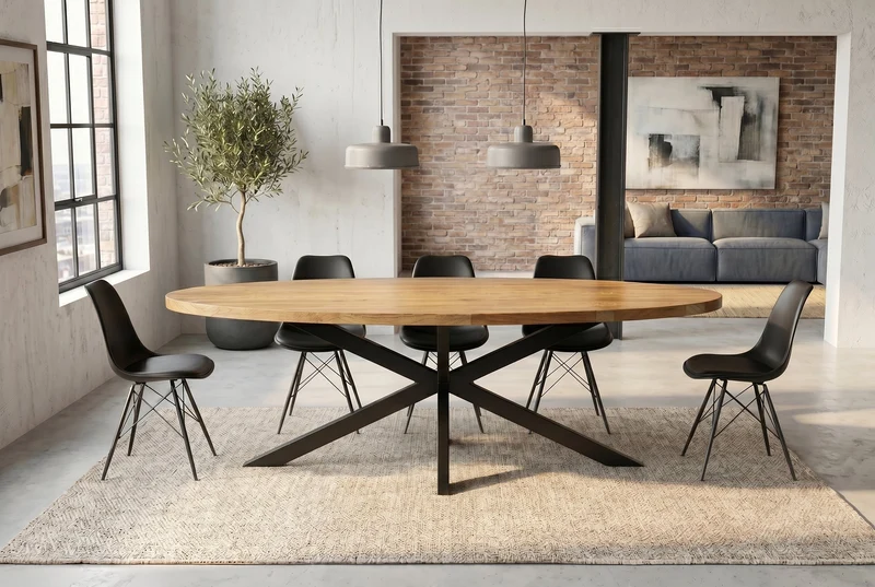 Table à manger massive GALAXIE 240cm bois de manguier marron ovale structure étoile en fer noir