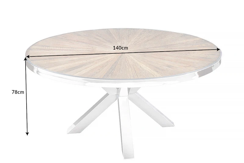 Table à manger ronde BARRACUDA 140cm teck marron bois massif verre argent inox chromé