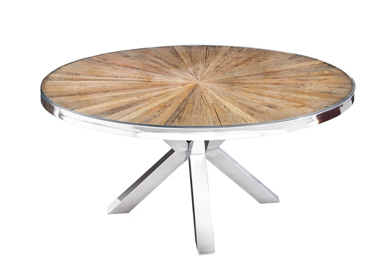 Table à manger ronde BARRACUDA 120cm teck marron bois massif plateau verre acier inoxydable argenté chromé