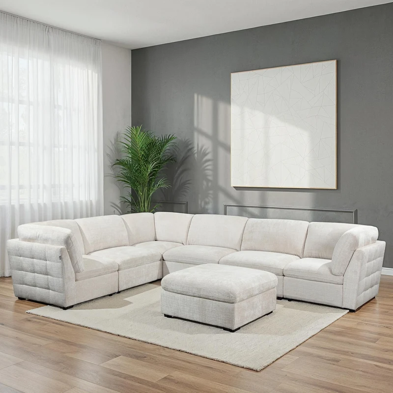 Canapé d'angle modulable 7 places en tissu, OLYMPE 370x280cm