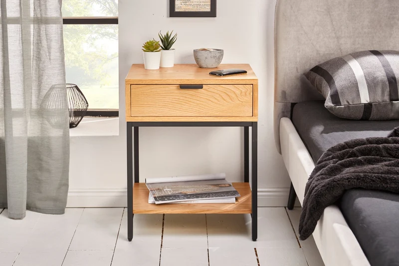 Table de chevet industrielle ELEMENTS Table d’appoint 40cm en chêne avec tiroir