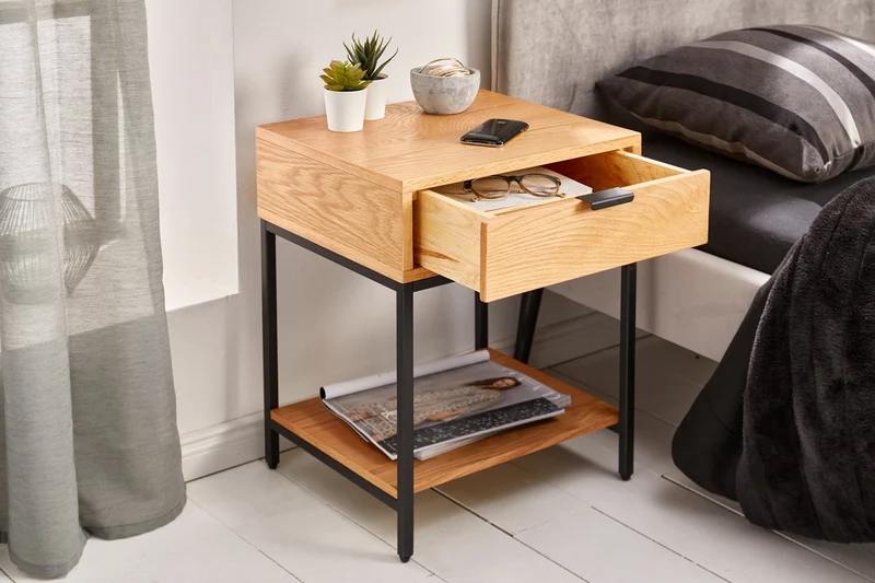 Table de chevet industrielle ELEMENTS Table d’appoint 40cm en chêne avec tiroir