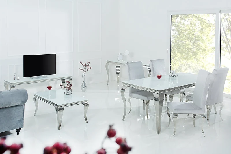 Table à manger design élégant MODERNE BAROQUE 200cm plateau en verre opale en acier inoxydable blanc