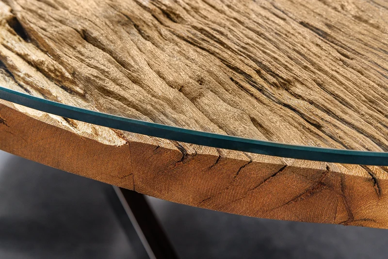 Table à manger massive BARRACUDA 220cm teck marron structure étoile argent plateau verre