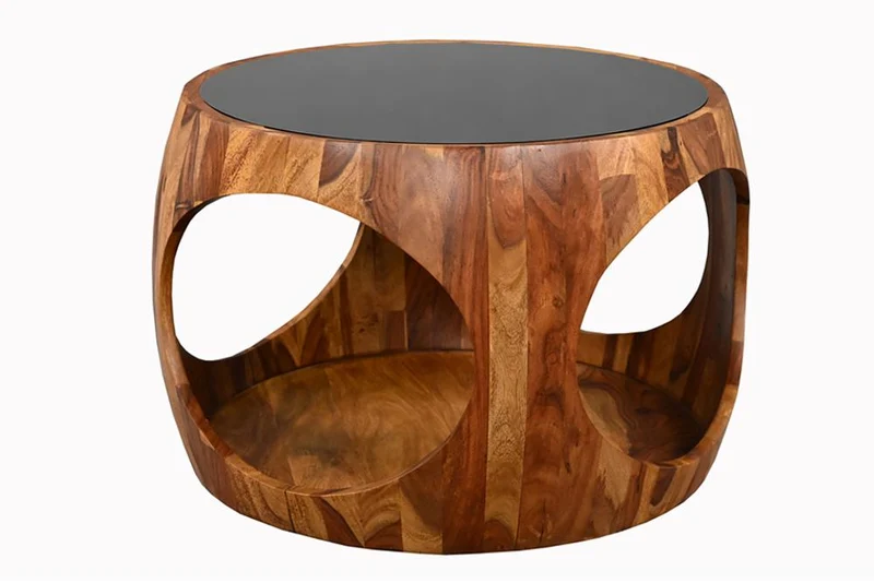 Table basse ronde ORGANIC LOOP 60cm finition pierre marron bois sheesham verre noir