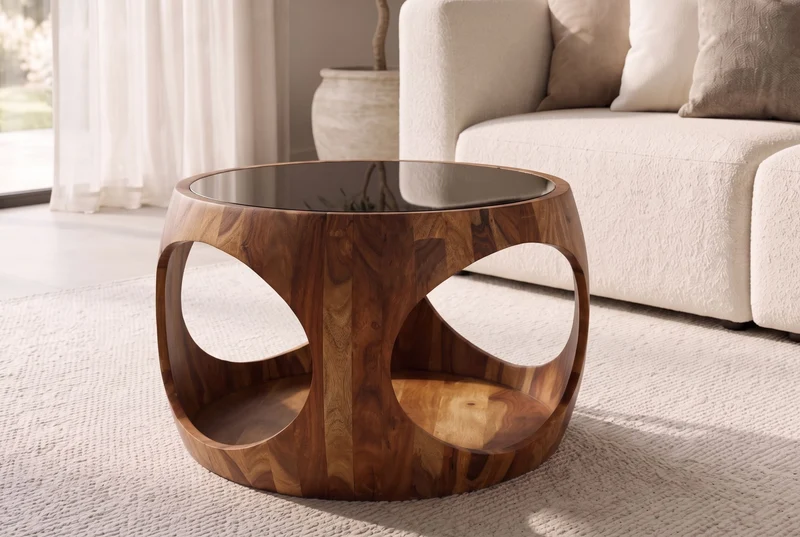 Table basse ronde ORGANIC LOOP 60cm finition pierre marron bois sheesham verre noir