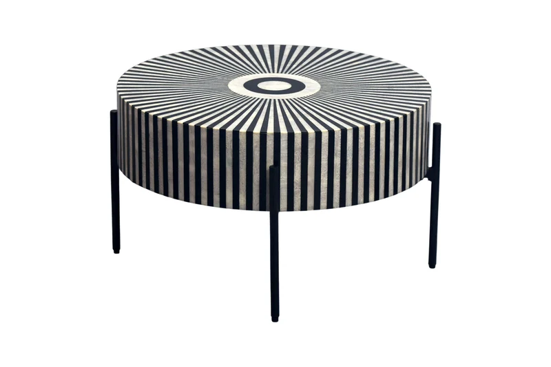 Table basse incrustation d’os HARMONY NATURE 65cm noir blanc intarsia artisanat