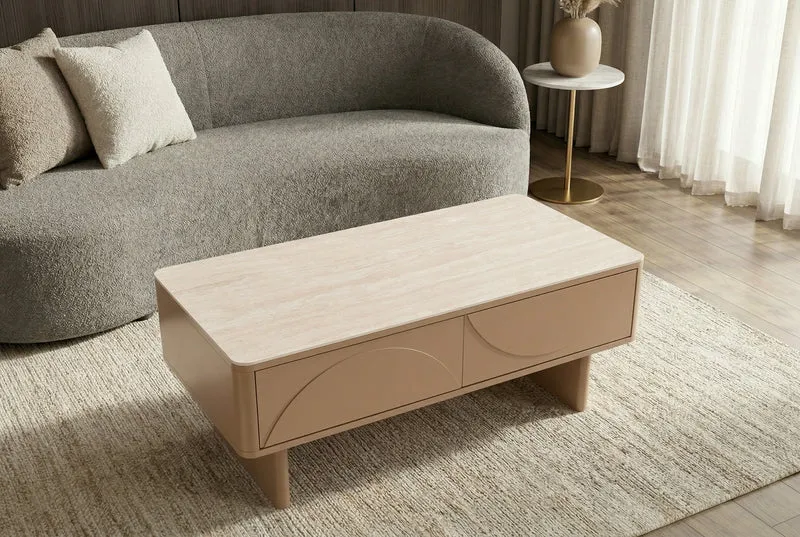 Design table basse SAVOY 120cm gris beige greige céramique travertin avec tiroir