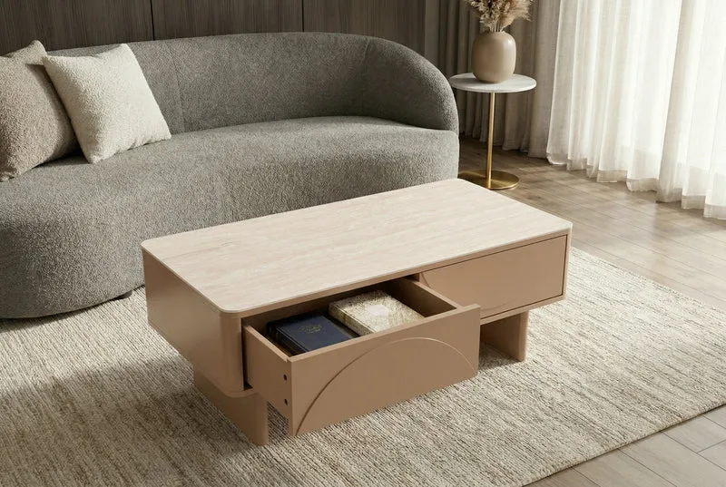 Design table basse SAVOY 120cm gris beige greige céramique travertin avec tiroir