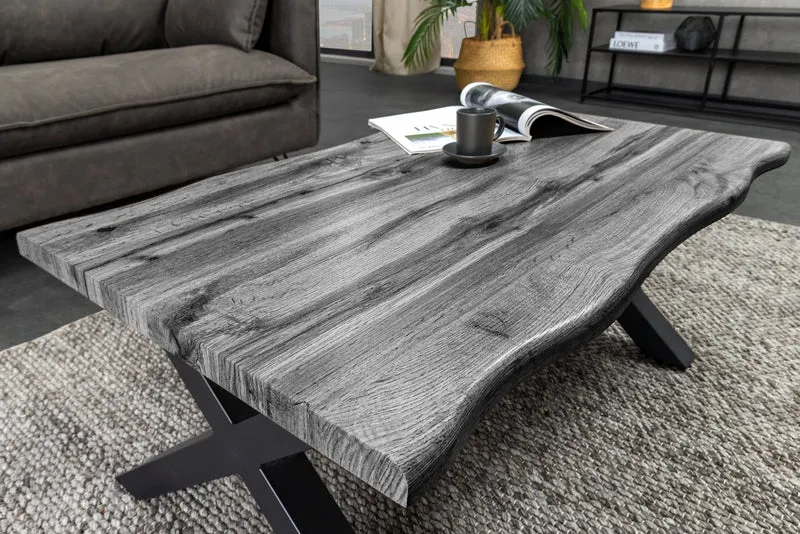 Table basse INDUSTRIAL WILD 90 cm gris chêne sauvage design noir métal bord brut
