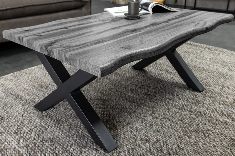 Table basse INDUSTRIAL WILD 90 cm gris chêne sauvage design noir métal bord brut