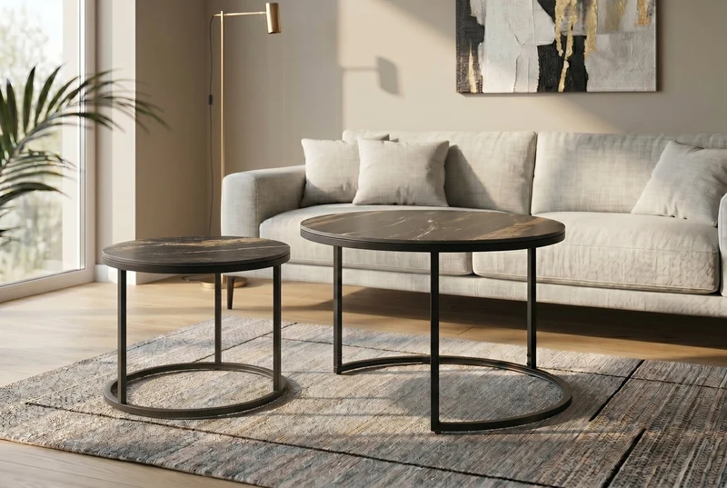 Lot de 2 tables basses rondes ELEGANCE 75cm noir doré sable Aurora Oro céramique