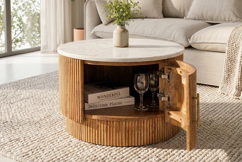 Table basse ronde TRES CHIC 60cm marbre blanc bois de manguier naturel avec rangements