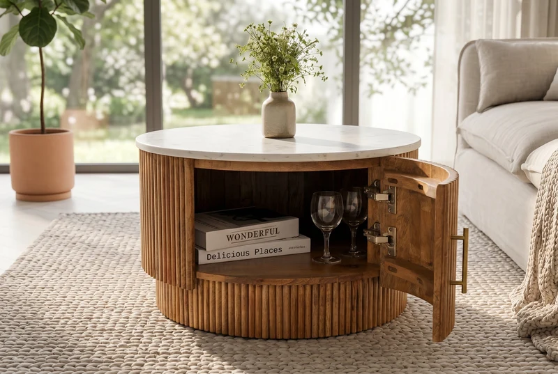 Table basse ronde TRES CHIC 60cm marbre blanc bois de manguier naturel avec rangements