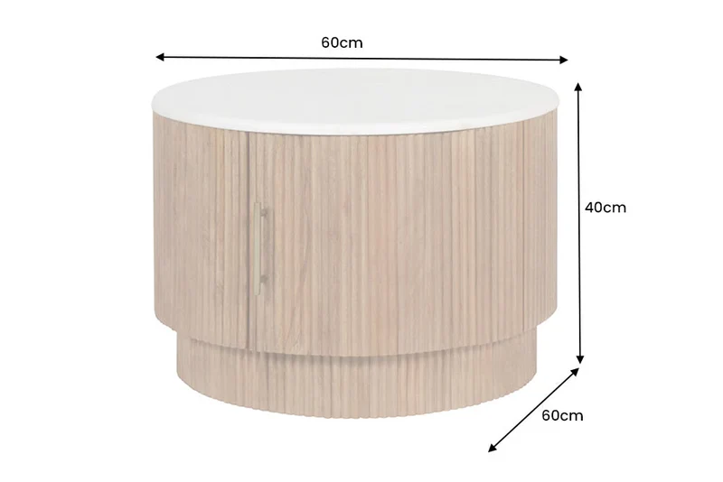 Table basse ronde TRES CHIC 60cm marbre blanc bois de manguier naturel avec rangements