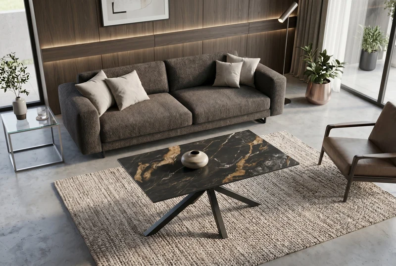 Table basse moderne GALAXIE 100cm Aurora Oro noir or sable céramique