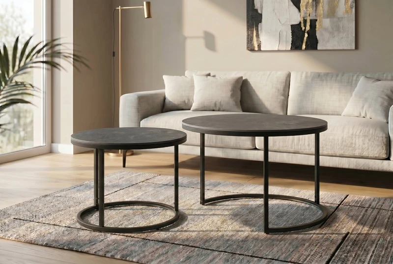 Lot de 2 tables basses rondes ELEGANCE 75cm céramique anthracite métal noir