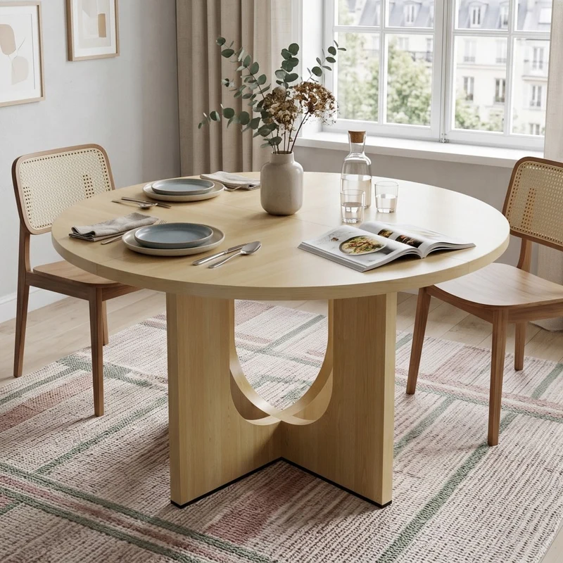 Table à manger ronde effet chêne 4-6 personnes avec pieds en U 120x120cm MINIMALISTCARTSET