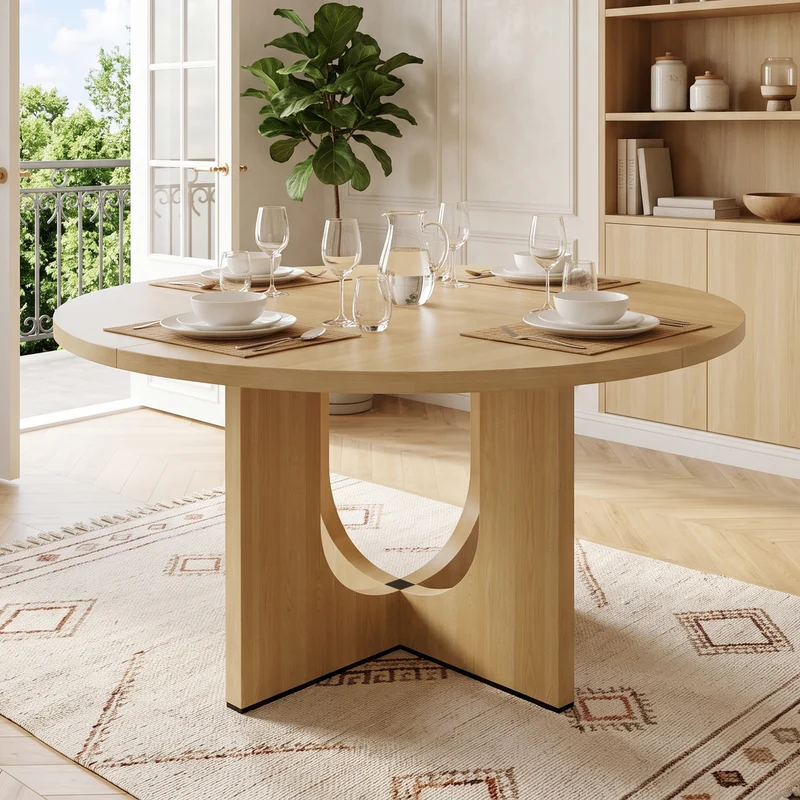 Table à manger ronde effet chêne 4-6 personnes avec pieds en U 120x120cm MINIMALISTCARTSET