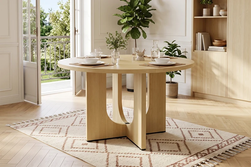 Table à manger ronde effet chêne 4-6 personnes avec pieds en U 120x120cm MINIMALISTCARTSET