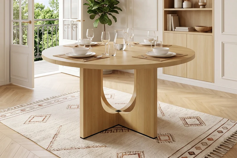 Table à manger ronde effet chêne 4-6 personnes avec pieds en U 120x120cm MINIMALISTCARTSET