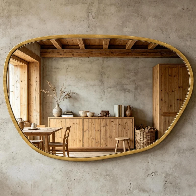 Miroir mural asymétrique en verre trempé, cadre bois naturel 90x60cm IRON PANEL