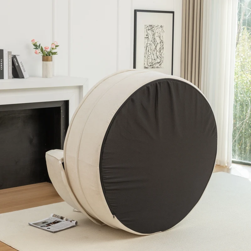Fauteuil canapé rond chenille beige et vert pastel avec 5 coussins et pouf forme demi lune 163x121cm LAMP MARBLE