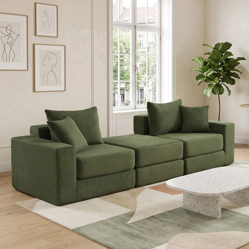 Canapé modulable 3 places velours côtelé vert, sans montage 259x96cm MINIMALISTFRAMEART