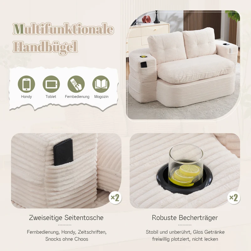 Fauteuil canapé convertible modulable en velours côtelé beige avec porte-gobelets intégrés MINIMALISTCUSHIONART