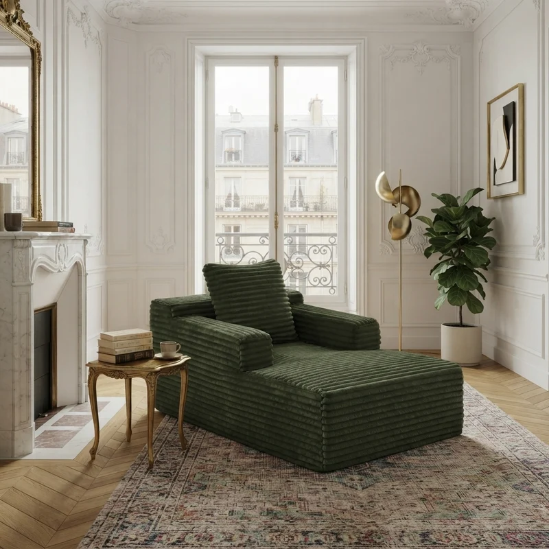 Fauteuil lounge en velours côtelé vert, sans montage MINIMALISTCREDENZASE