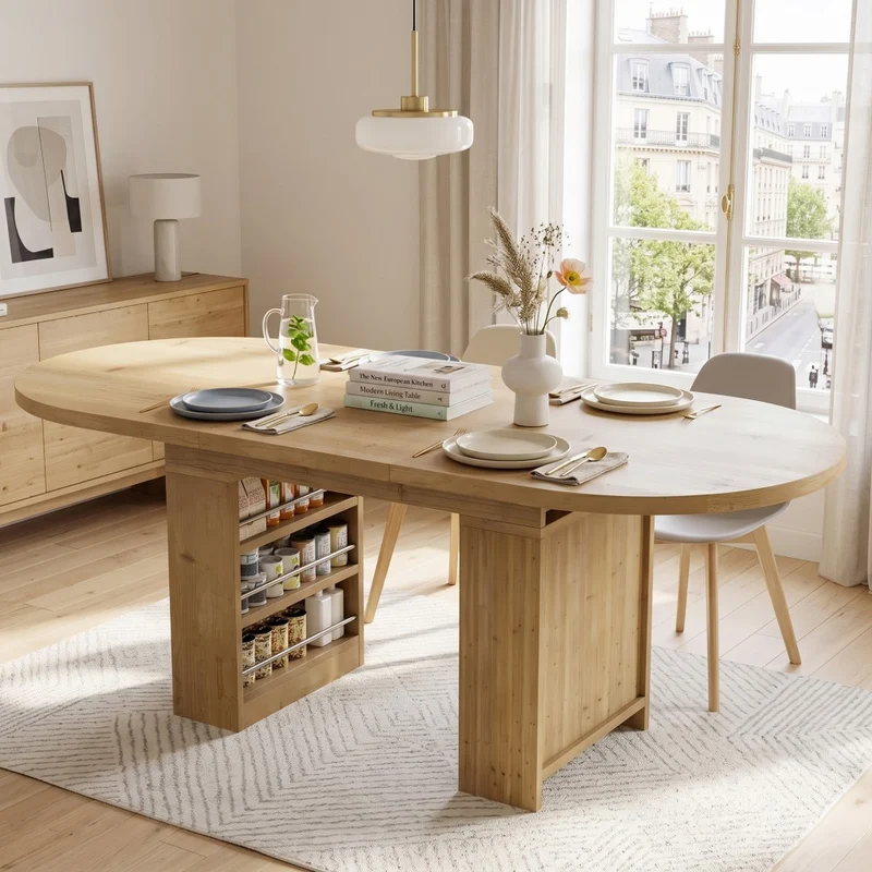 Table à manger extensible effet chêne avec rangement 6-8 personnes 150-200x90cm MINIMALISTCONCRETEST