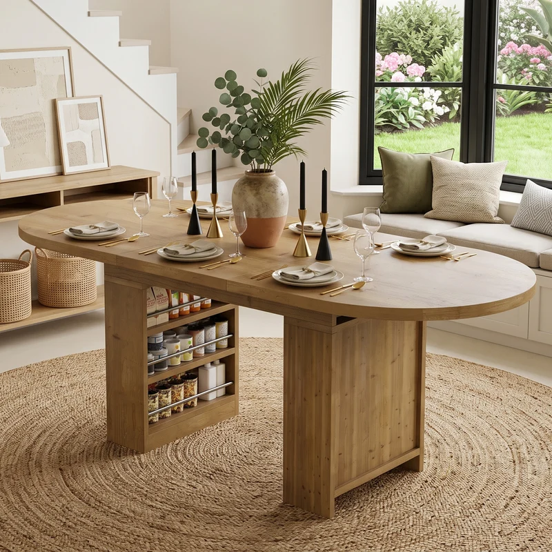 Table à manger extensible effet chêne avec rangement 6-8 personnes 150-200x90cm MINIMALISTCONCRETEST