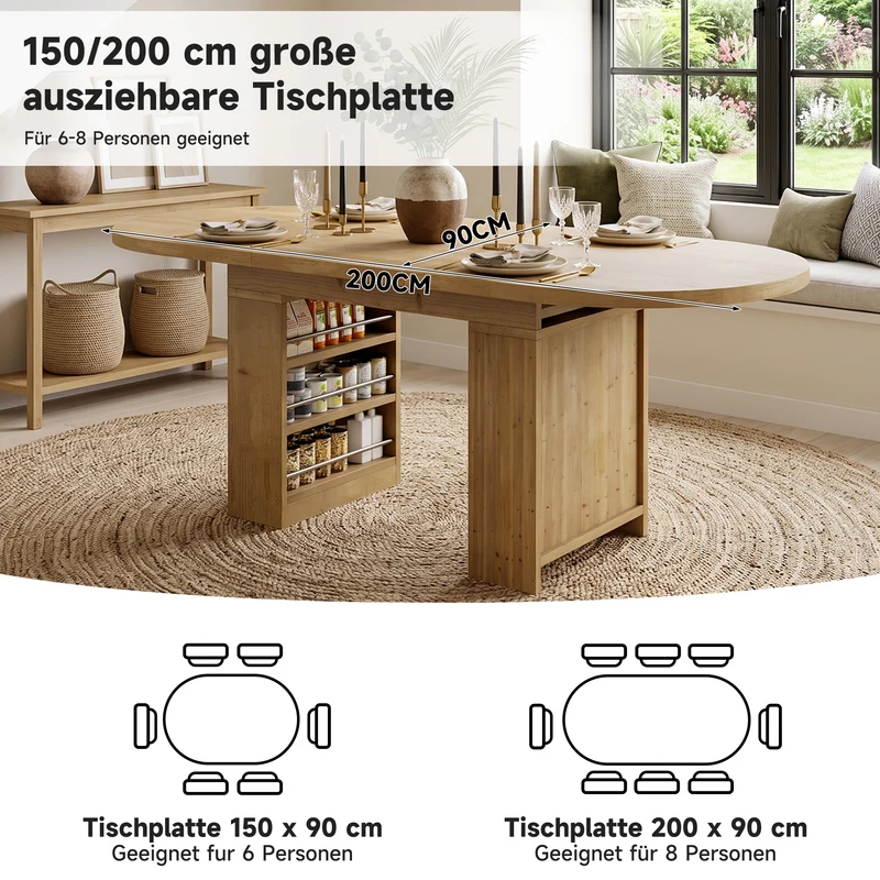 Table à manger extensible effet chêne avec rangement 6-8 personnes 150-200x90cm MINIMALISTCONCRETEST