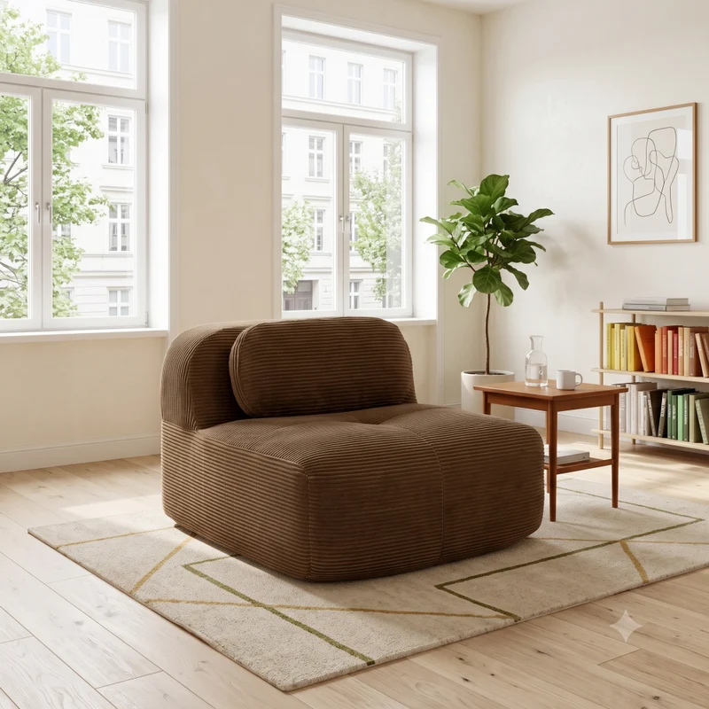 Fauteuil canapé 1 place sans accoudoirs en velours côtelé marron, sans montage MINIMALISTCONSOLEHOM