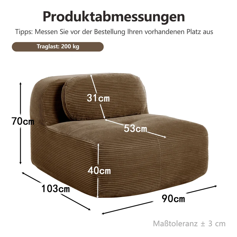 Fauteuil canapé 1 place sans accoudoirs en velours côtelé marron, sans montage MINIMALISTCONSOLEHOM