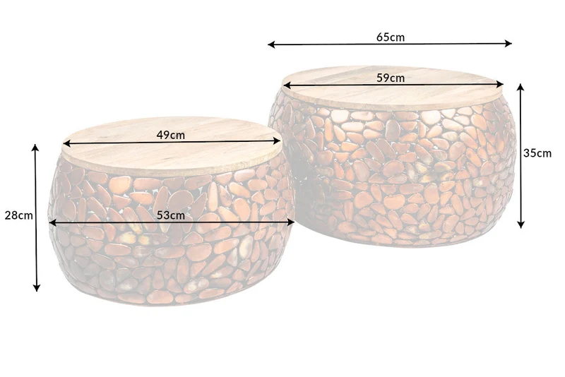 Lot de 2 tables basses rondes STONE MOSAIC 65cm cuivre manguier bois métal mosaïque design fait main