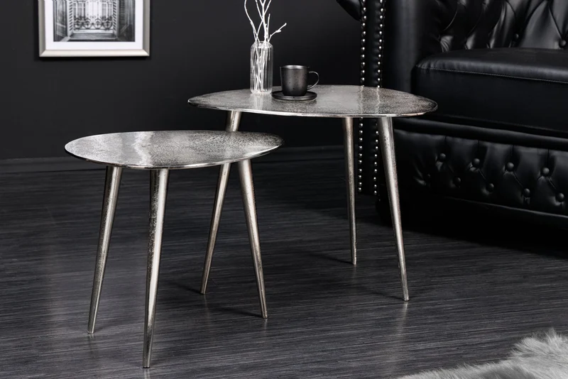 Lot de 2 tables basses ELEMENTS 50cm métal argenté fait main
