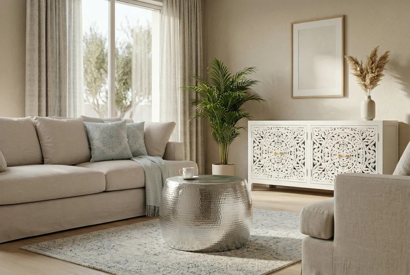 Table basse ronde ORIENT 60cm métal argenté aluminium martelé design fait main