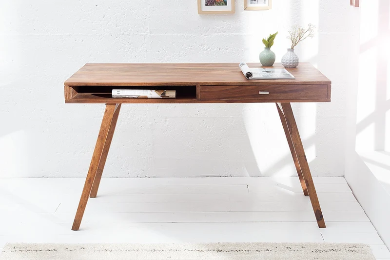 Bureau design RETRO 120cm bois de sheesham marron finition pierre design classique